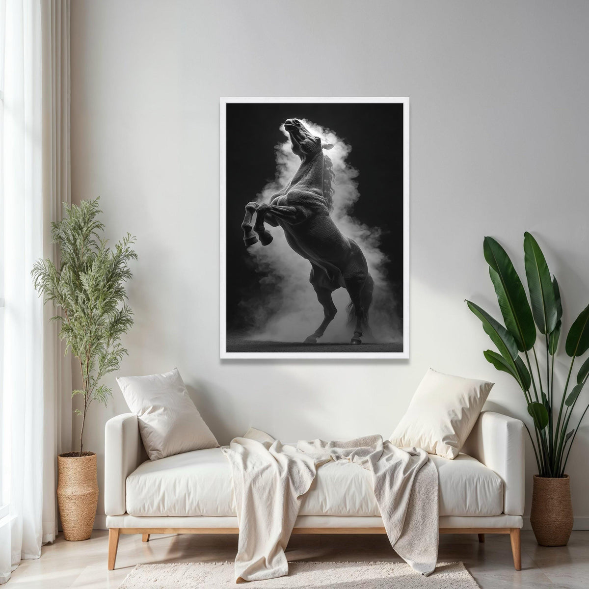 Majestic Rearing Horse Canvas Wall Art, Black and White Equestrian Decor, Dramatic Animal Silhouette, Smoke Gift Art, Home Decor, Print