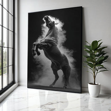 Majestic Rearing Horse Canvas Wall Art, Black and White Equestrian Decor, Dramatic Animal Silhouette, Smoke Gift Art, Home Decor, Print