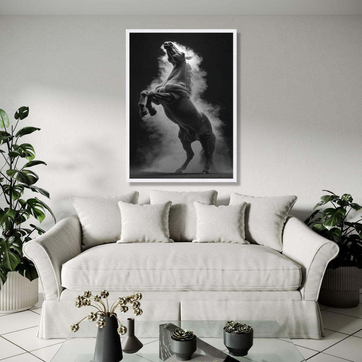 Majestic Rearing Horse Canvas Wall Art, Black and White Equestrian Decor, Dramatic Animal Silhouette, Smoke Gift Art, Home Decor, Print