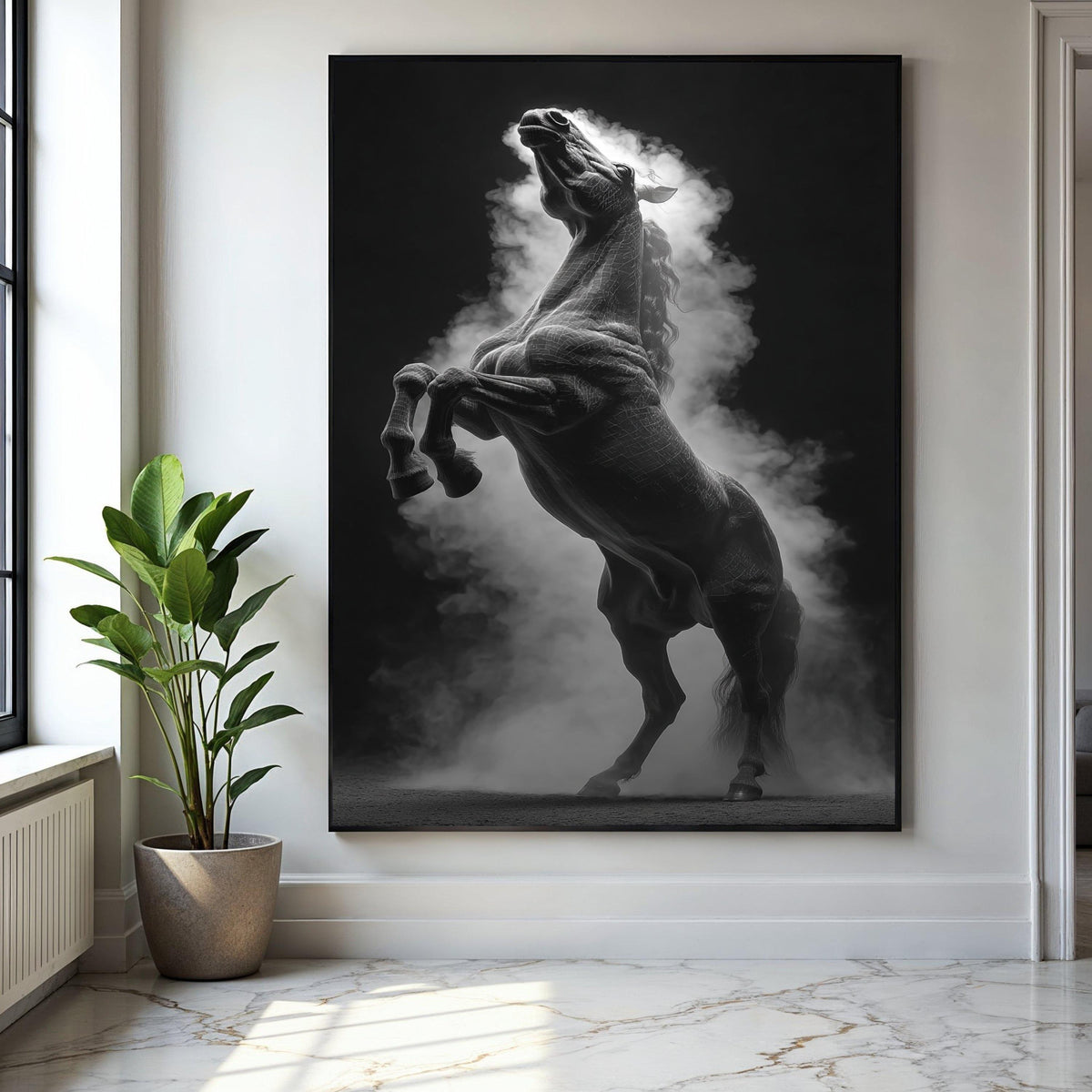 Majestic Rearing Horse Canvas Wall Art, Black and White Equestrian Decor, Dramatic Animal Silhouette, Smoke Gift Art, Home Decor, Print