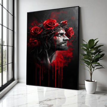 Jesus Christ Crown of Thorns Canvas, Red Roses Wall Art, Religious Spiritual Painting, Dramatic Dark Home Decor, Gift Art, Home Decor, Print
