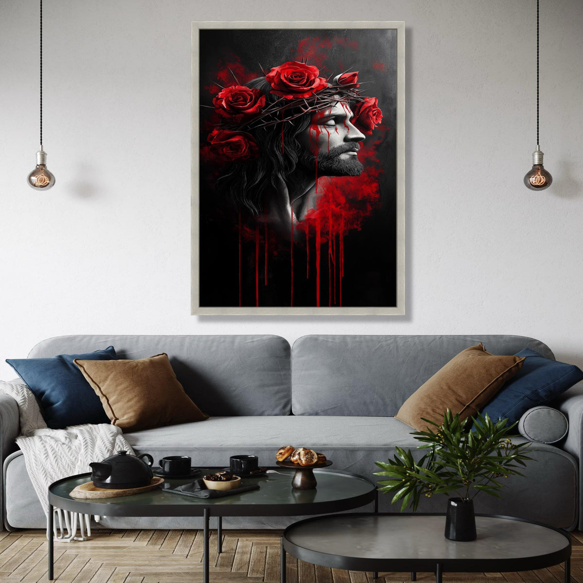 Jesus Christ Crown of Thorns Canvas, Red Roses Wall Art, Religious Spiritual Painting, Dramatic Dark Home Decor, Gift Art, Home Decor, Print