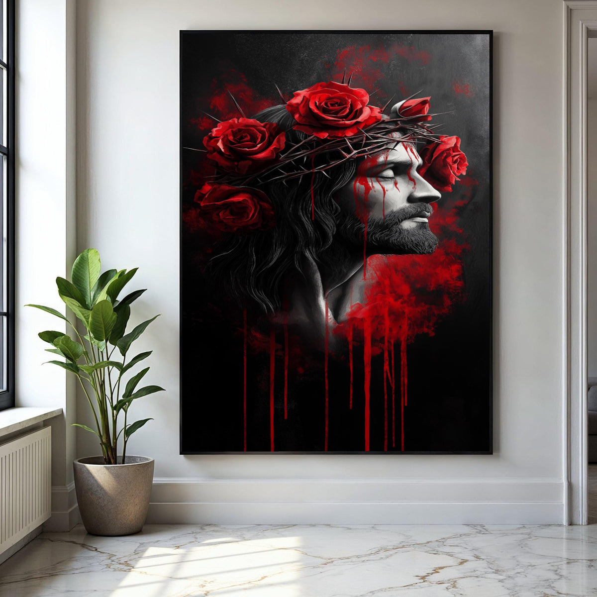 Jesus Christ Crown of Thorns Canvas, Red Roses Wall Art, Religious Spiritual Painting, Dramatic Dark Home Decor, Gift Art, Home Decor, Print