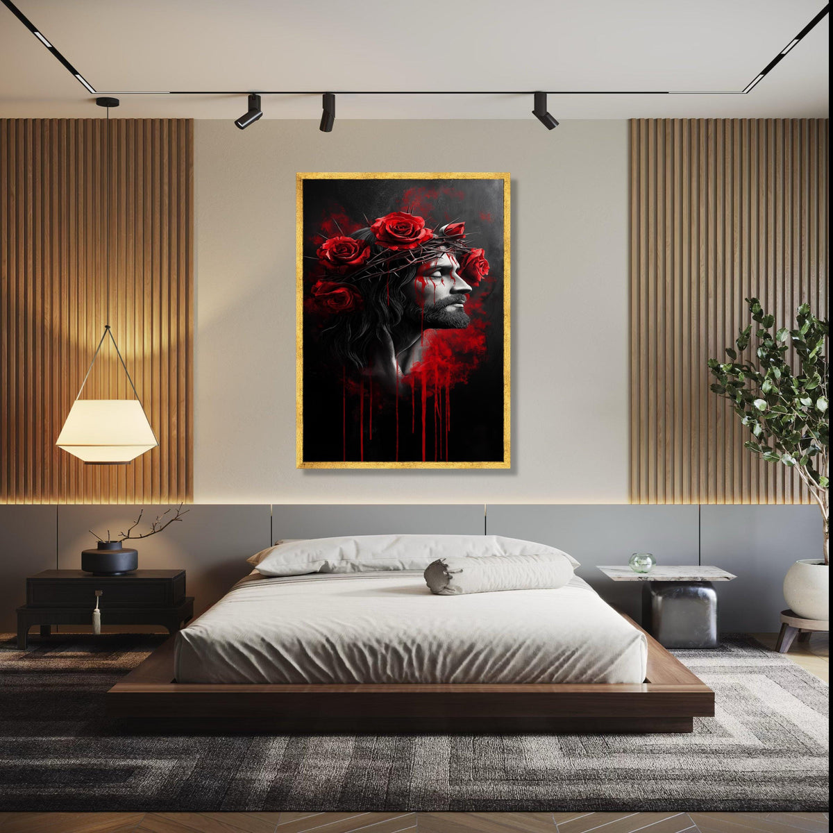 Jesus Christ Crown of Thorns Canvas, Red Roses Wall Art, Religious Spiritual Painting, Dramatic Dark Home Decor, Gift Art, Home Decor, Print