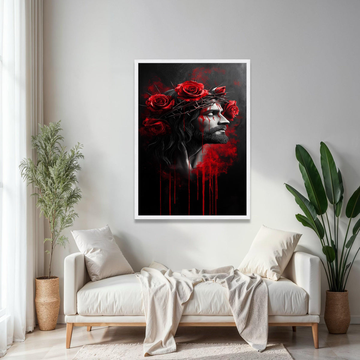Jesus Christ Crown of Thorns Canvas, Red Roses Wall Art, Religious Spiritual Painting, Dramatic Dark Home Decor, Gift Art, Home Decor, Print