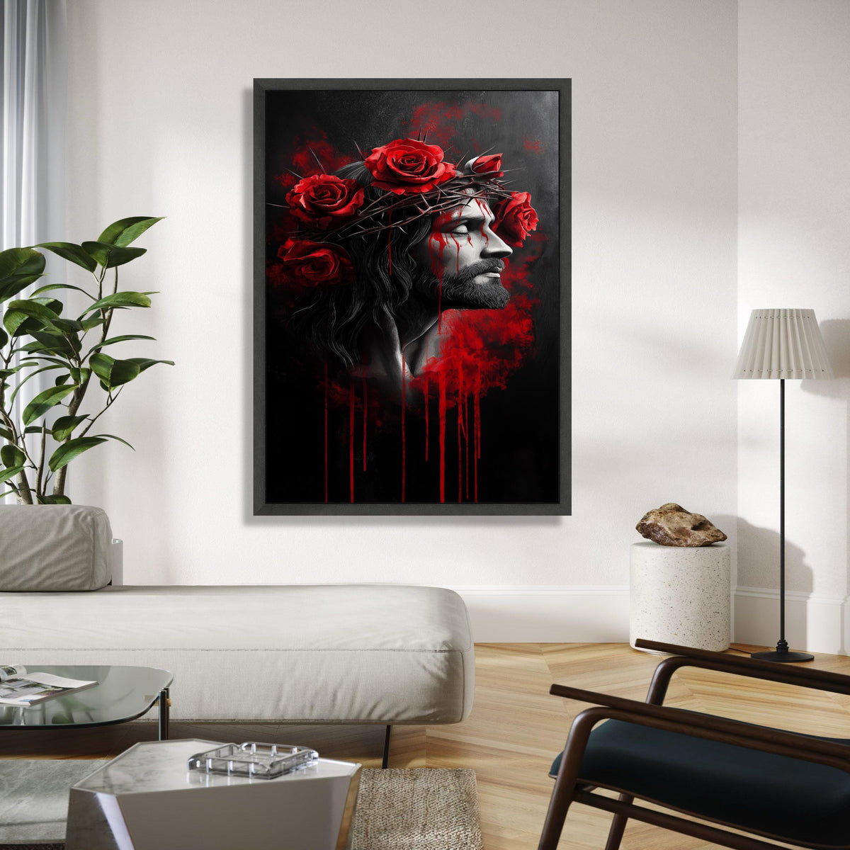 Jesus Christ Crown of Thorns Canvas, Red Roses Wall Art, Religious Spiritual Painting, Dramatic Dark Home Decor, Gift Art, Home Decor, Print