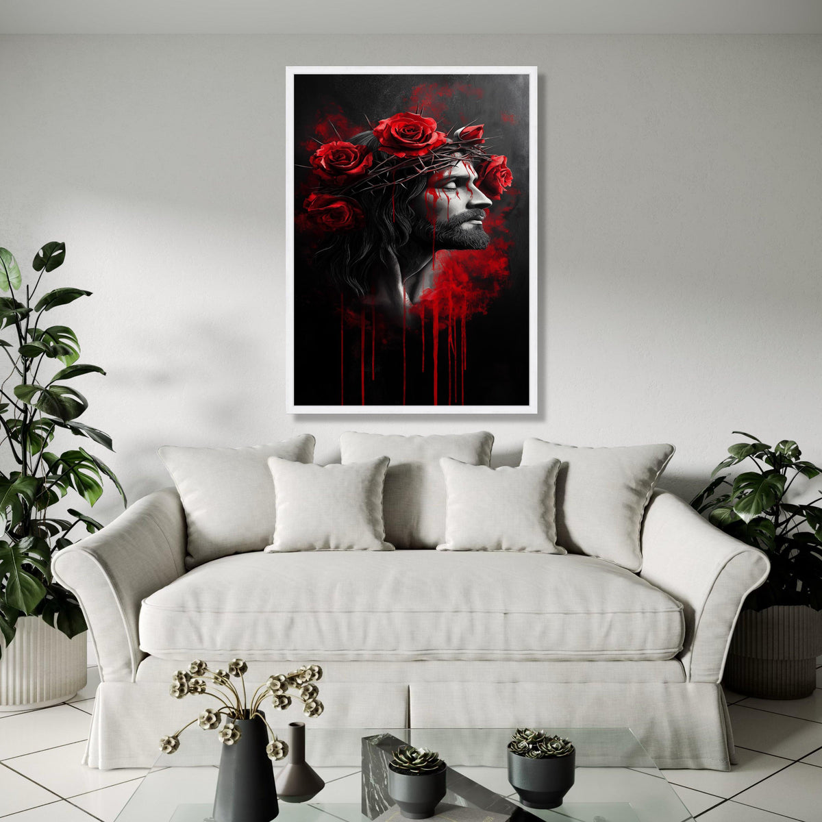 Jesus Christ Crown of Thorns Canvas, Red Roses Wall Art, Religious Spiritual Painting, Dramatic Dark Home Decor, Gift Art, Home Decor, Print