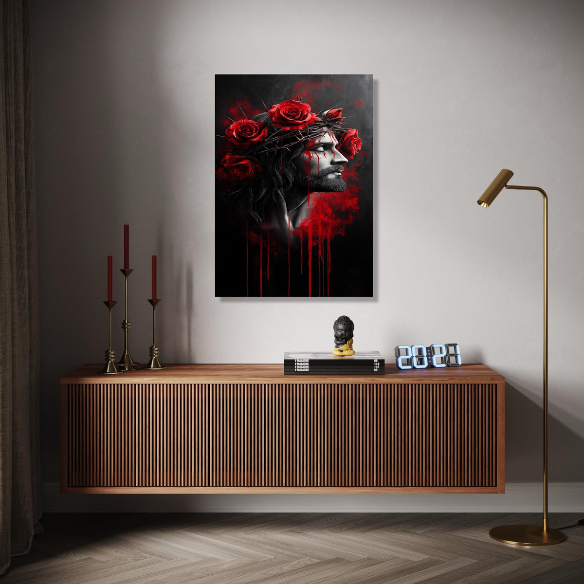 Jesus Christ Crown of Thorns Canvas, Red Roses Wall Art, Religious Spiritual Painting, Dramatic Dark Home Decor, Gift Art, Home Decor, Print