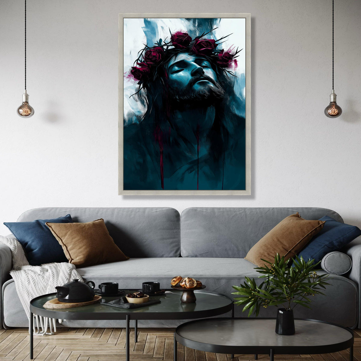 Moody Jesus Portrait Canvas, Crown of Thorns Wall Art, Religious Spiritual Decor, Modern Christian Canvas, Dark Gift Art, Home Decor, Print