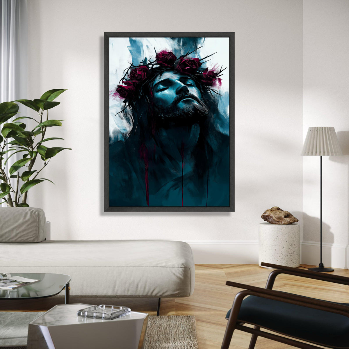 Moody Jesus Portrait Canvas, Crown of Thorns Wall Art, Religious Spiritual Decor, Modern Christian Canvas, Dark Gift Art, Home Decor, Print
