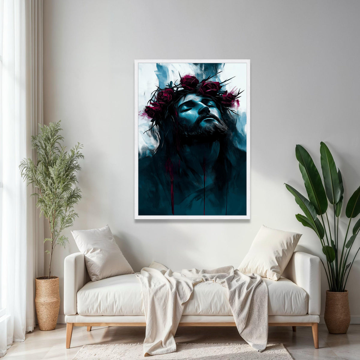 Moody Jesus Portrait Canvas, Crown of Thorns Wall Art, Religious Spiritual Decor, Modern Christian Canvas, Dark Gift Art, Home Decor, Print