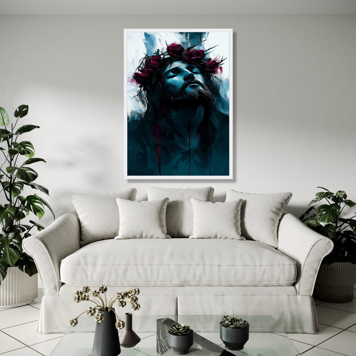 Moody Jesus Portrait Canvas, Crown of Thorns Wall Art, Religious Spiritual Decor, Modern Christian Canvas, Dark Gift Art, Home Decor, Print