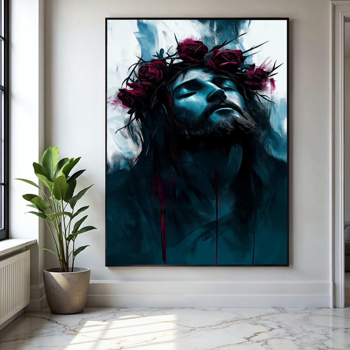 Moody Jesus Portrait Canvas, Crown of Thorns Wall Art, Religious Spiritual Decor, Modern Christian Canvas, Dark Gift Art, Home Decor, Print