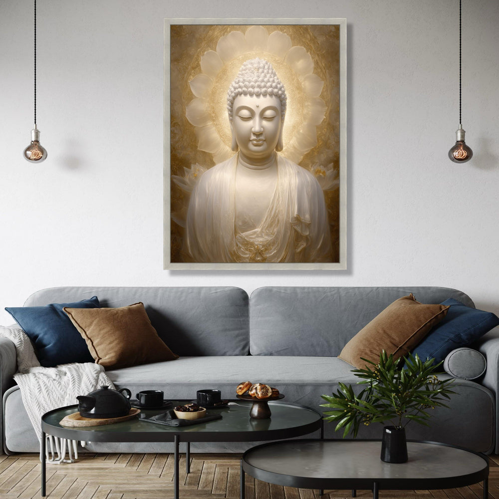 Serene Buddha Statue Canvas, Spiritual Zen Wall Art, Golden Halo Meditation Decor, Tranquil Buddha Portrait, Gift Art, Home Decor, Print