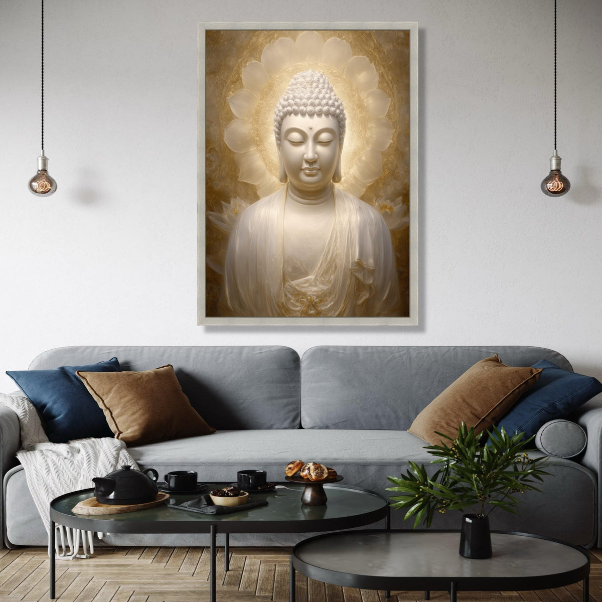 Serene Buddha Statue Canvas, Spiritual Zen Wall Art, Golden Halo Meditation Decor, Tranquil Buddha Portrait, Gift Art, Home Decor, Print