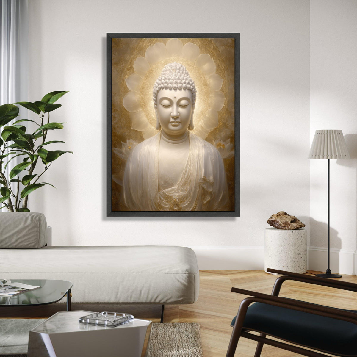 Serene Buddha Statue Canvas, Spiritual Zen Wall Art, Golden Halo Meditation Decor, Tranquil Buddha Portrait, Gift Art, Home Decor, Print