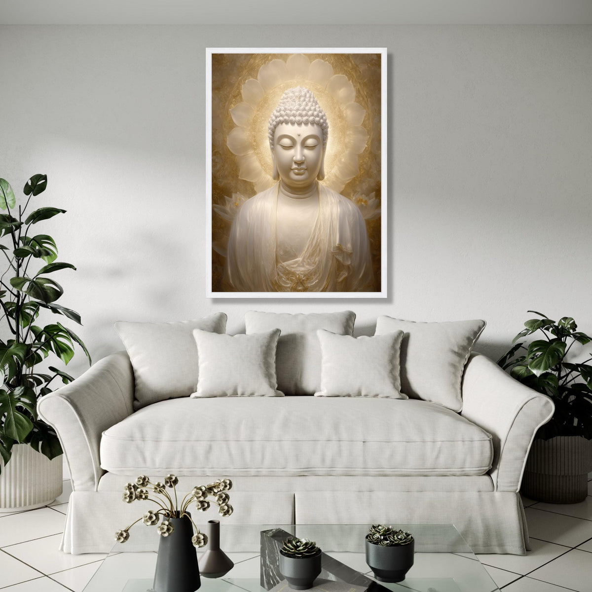 Serene Buddha Statue Canvas, Spiritual Zen Wall Art, Golden Halo Meditation Decor, Tranquil Buddha Portrait, Gift Art, Home Decor, Print