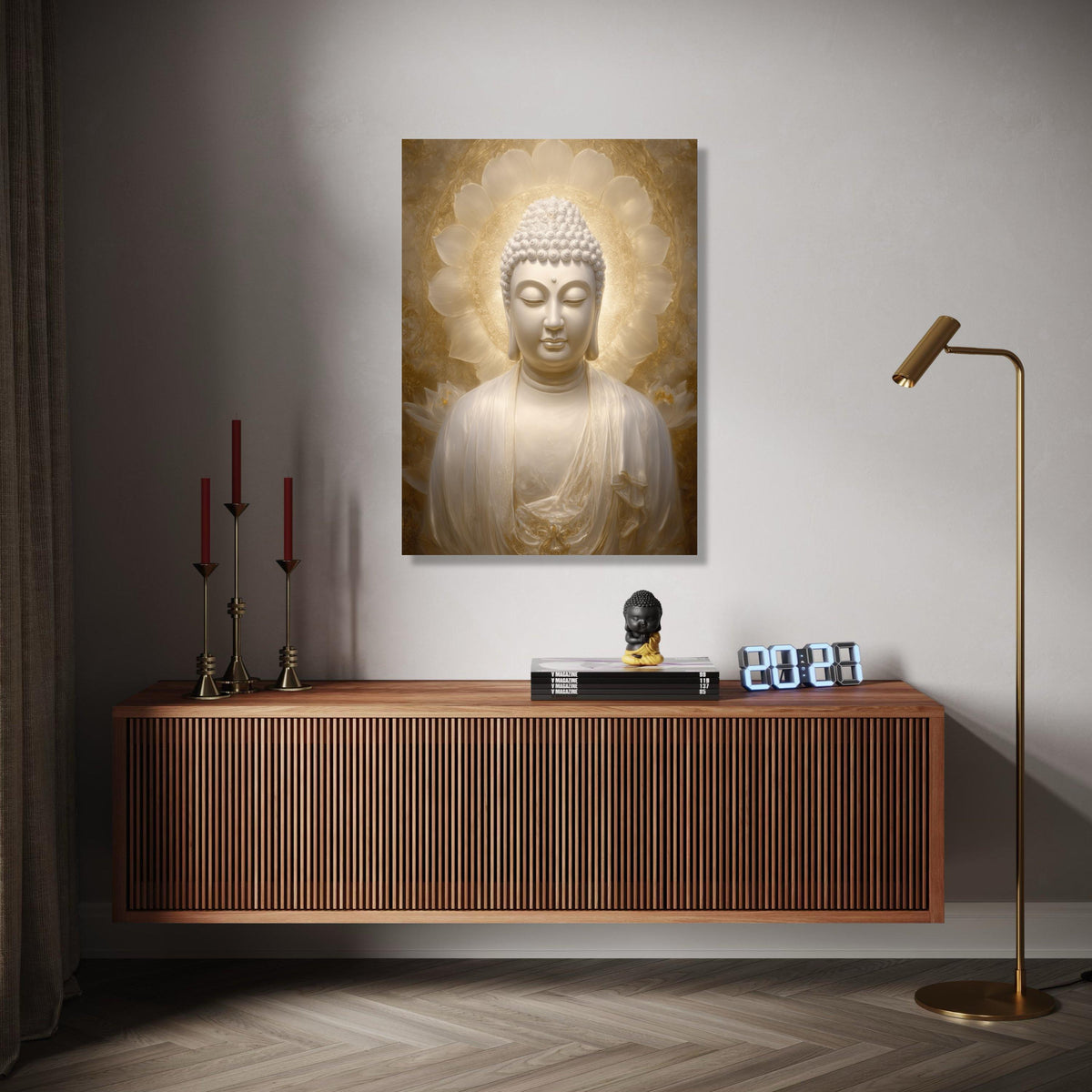 Serene Buddha Statue Canvas, Spiritual Zen Wall Art, Golden Halo Meditation Decor, Tranquil Buddha Portrait, Gift Art, Home Decor, Print