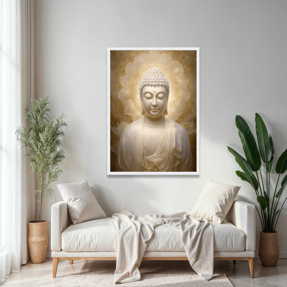 Serene Buddha Statue Canvas, Spiritual Zen Wall Art, Golden Halo Meditation Decor, Tranquil Buddha Portrait, Gift Art, Home Decor, Print