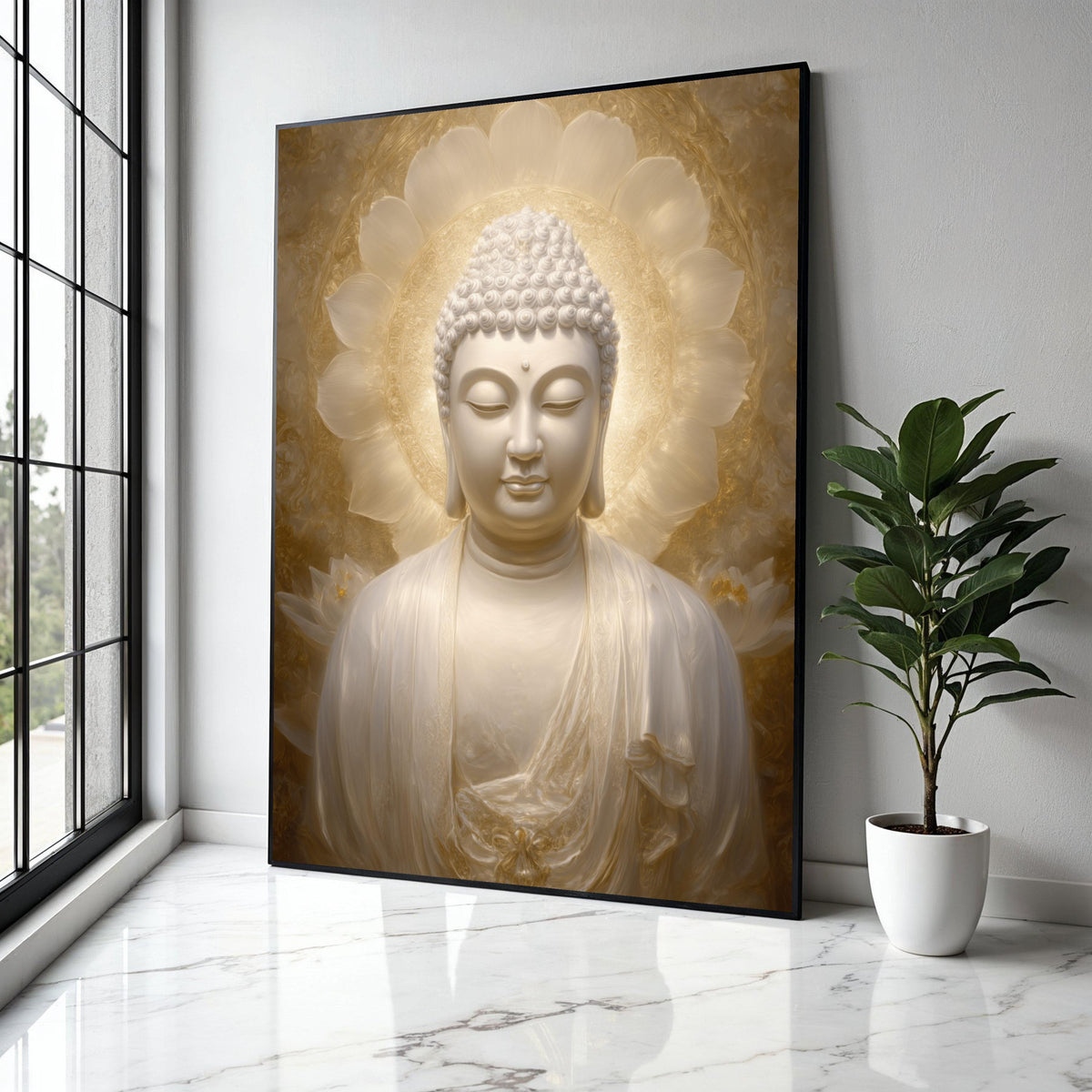 Serene Buddha Statue Canvas, Spiritual Zen Wall Art, Golden Halo Meditation Decor, Tranquil Buddha Portrait, Gift Art, Home Decor, Print
