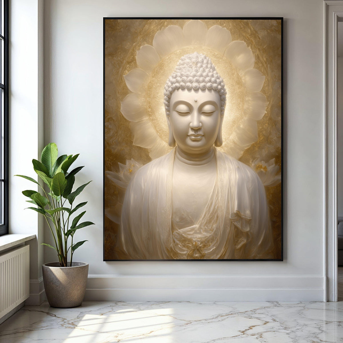 Serene Buddha Statue Canvas, Spiritual Zen Wall Art, Golden Halo Meditation Decor, Tranquil Buddha Portrait, Gift Art, Home Decor, Print