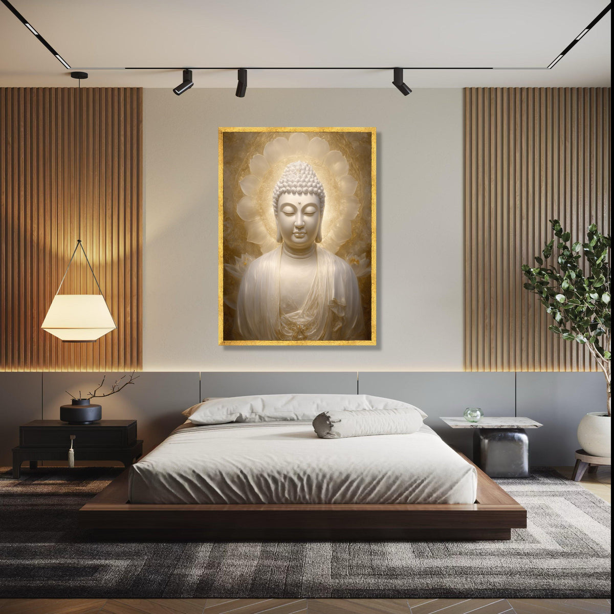 Serene Buddha Statue Canvas, Spiritual Zen Wall Art, Golden Halo Meditation Decor, Tranquil Buddha Portrait, Gift Art, Home Decor, Print