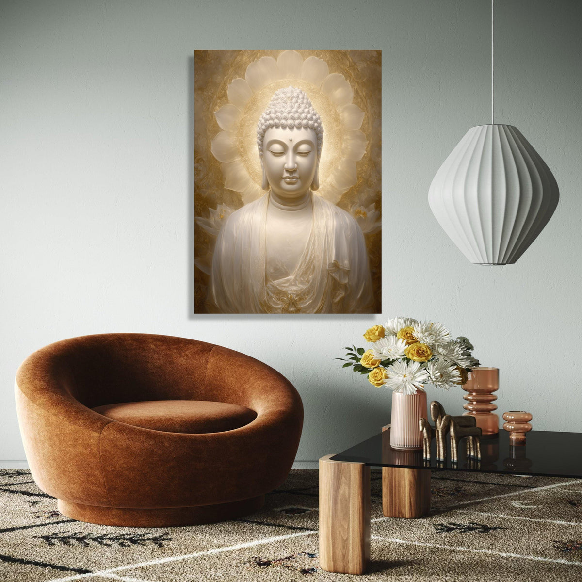 Serene Buddha Statue Canvas, Spiritual Zen Wall Art, Golden Halo Meditation Decor, Tranquil Buddha Portrait, Gift Art, Home Decor, Print