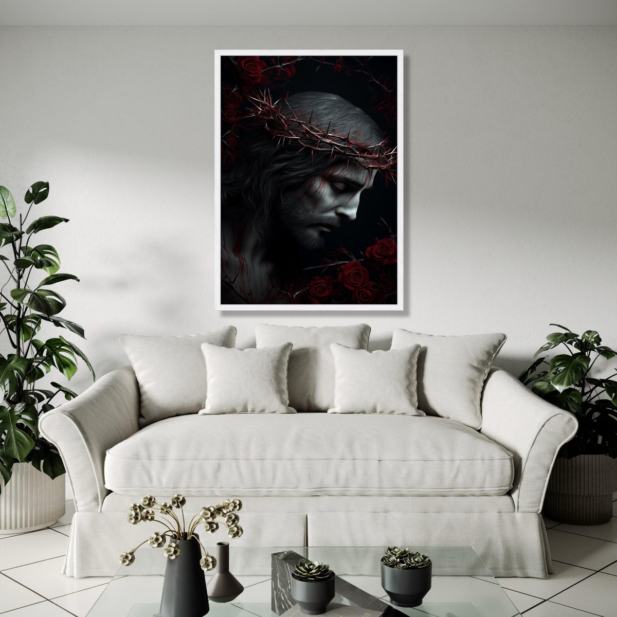Jesus Christ Crown of Thorns Canvas, Religious Wall Art, Sacred Heart Decoration, Spiritual Home Canvas, Dark Gift Art, Home Decor, Print
