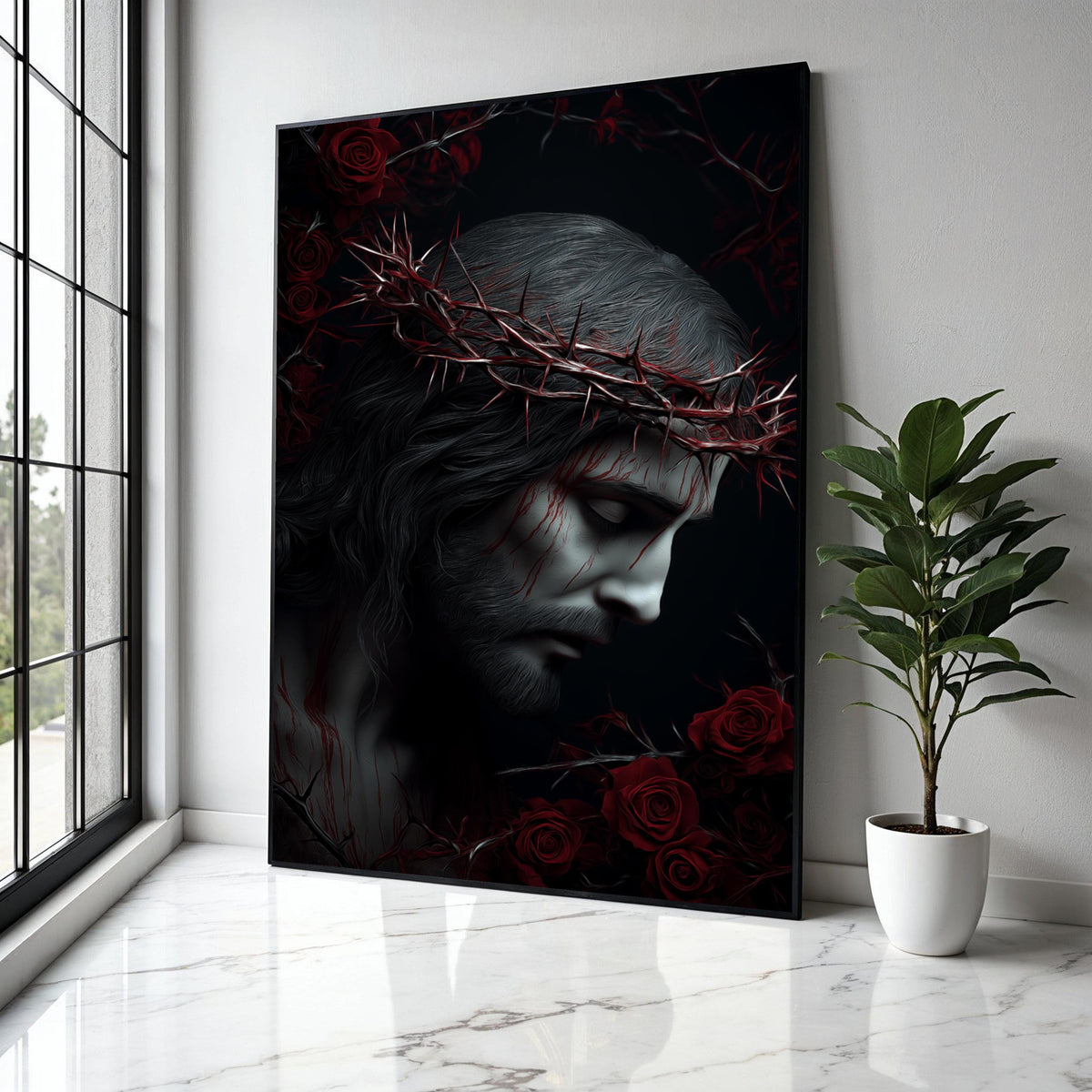 Jesus Christ Crown of Thorns Canvas, Religious Wall Art, Sacred Heart Decoration, Spiritual Home Canvas, Dark Gift Art, Home Decor, Print