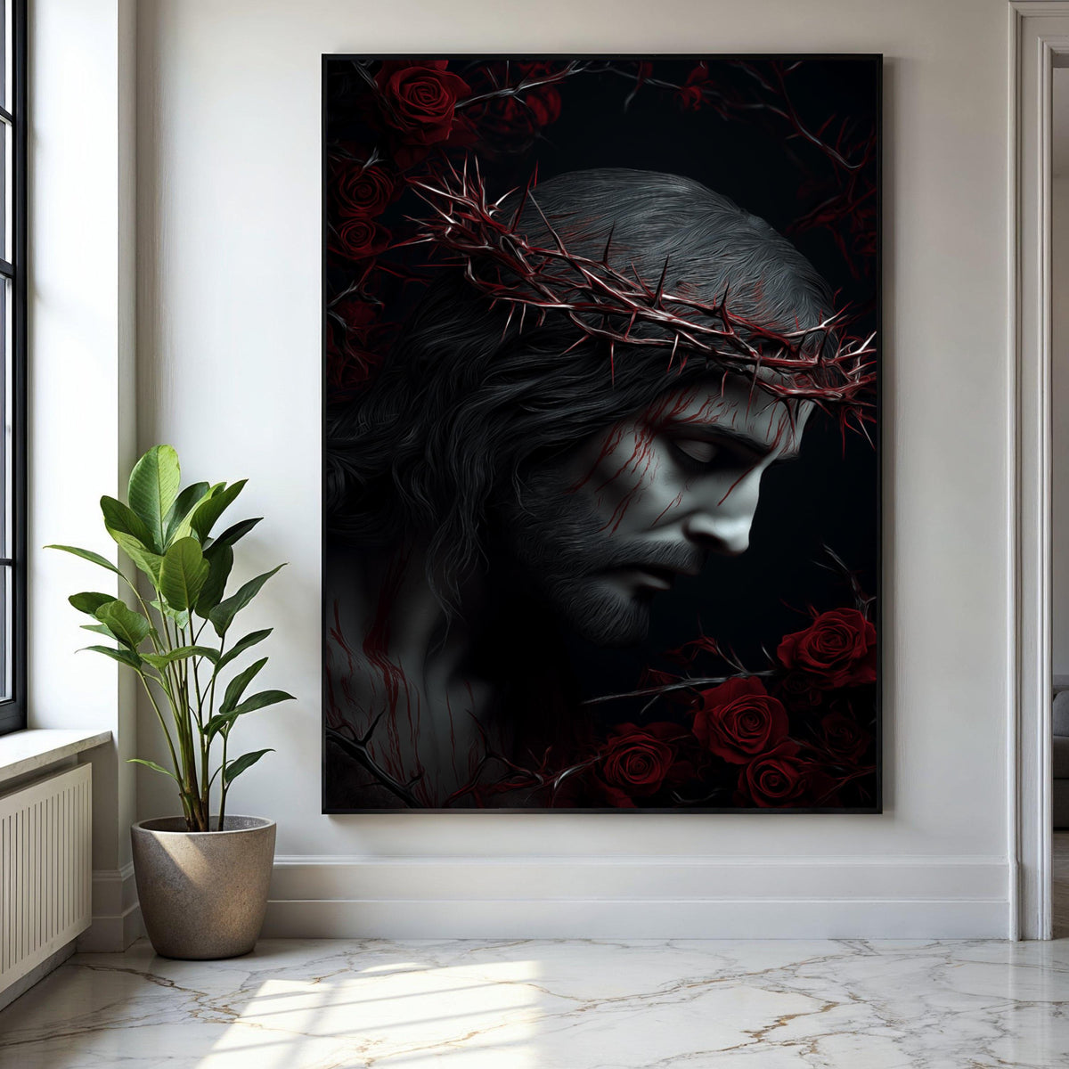 Jesus Christ Crown of Thorns Canvas, Religious Wall Art, Sacred Heart Decoration, Spiritual Home Canvas, Dark Gift Art, Home Decor, Print