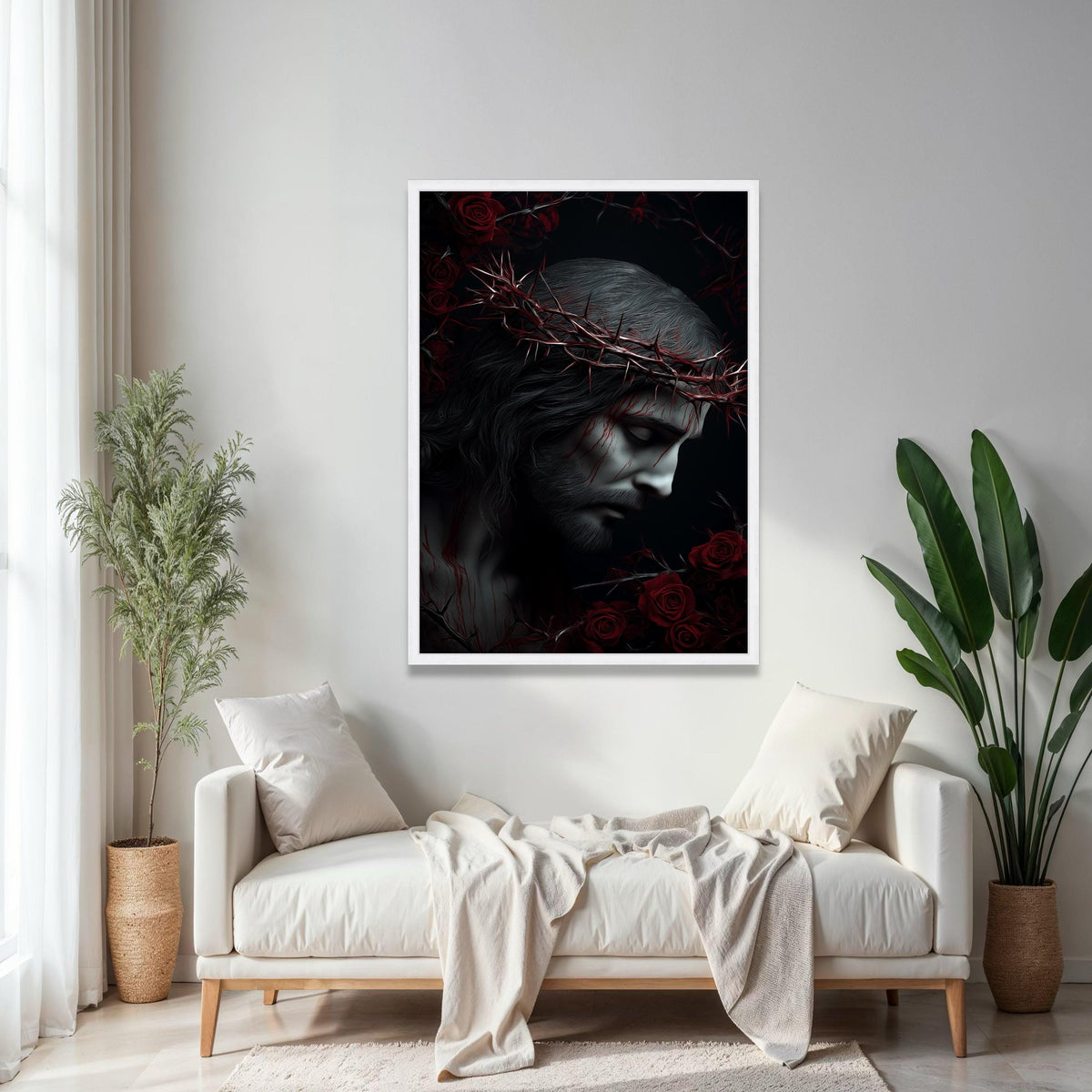 Jesus Christ Crown of Thorns Canvas, Religious Wall Art, Sacred Heart Decoration, Spiritual Home Canvas, Dark Gift Art, Home Decor, Print