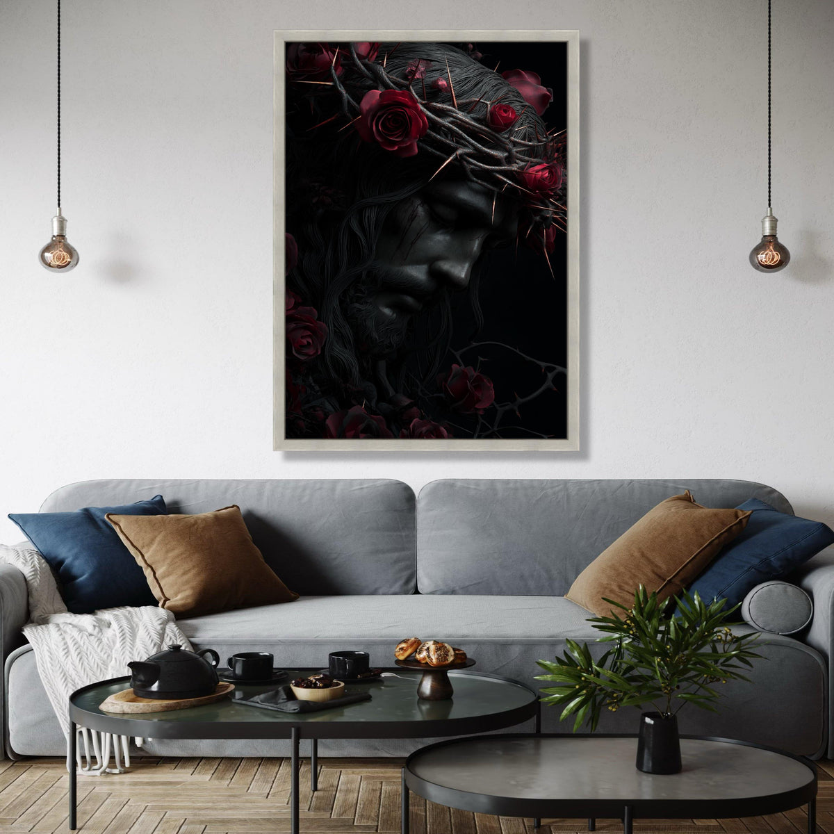Dark Jesus Portrait Canvas, Crown of Thorns Wall Art, Religious Canvas Decor, Red Roses Home Decoration, Gift Art, Home Decor, Print