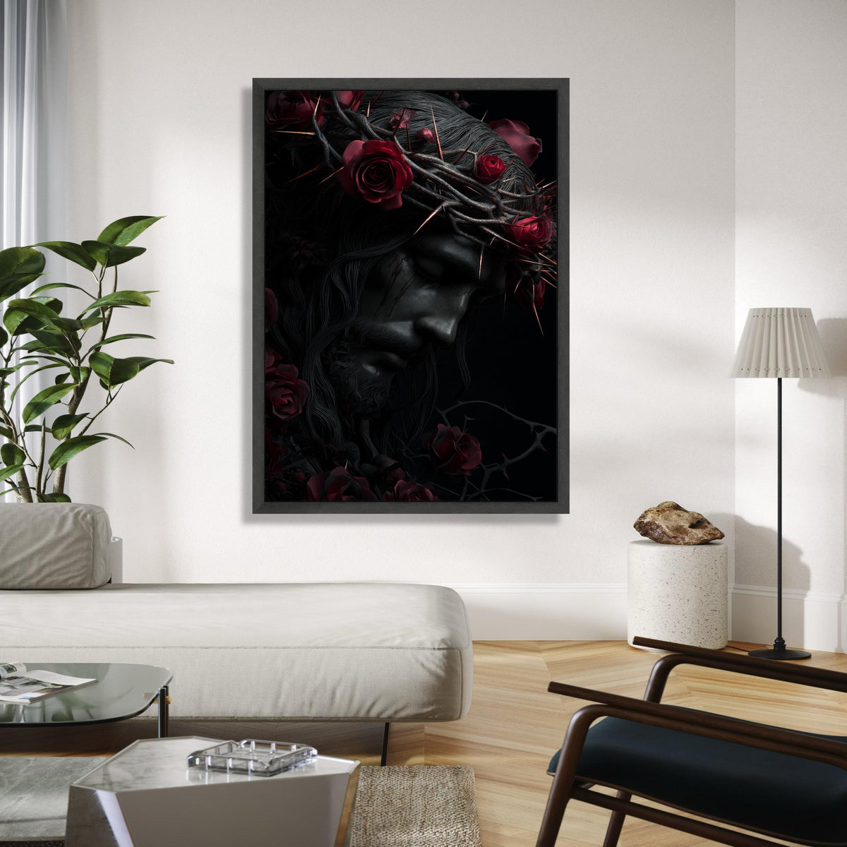 Dark Jesus Portrait Canvas, Crown of Thorns Wall Art, Religious Canvas Decor, Red Roses Home Decoration, Gift Art, Home Decor, Print