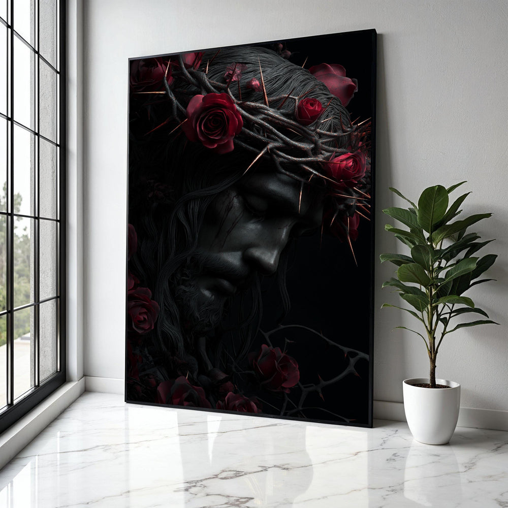 Dark Jesus Portrait Canvas, Crown of Thorns Wall Art, Religious Canvas Decor, Red Roses Home Decoration, Gift Art, Home Decor, Print