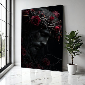 Dark Jesus Portrait Canvas, Crown of Thorns Wall Art, Religious Canvas Decor, Red Roses Home Decoration, Gift Art, Home Decor, Print