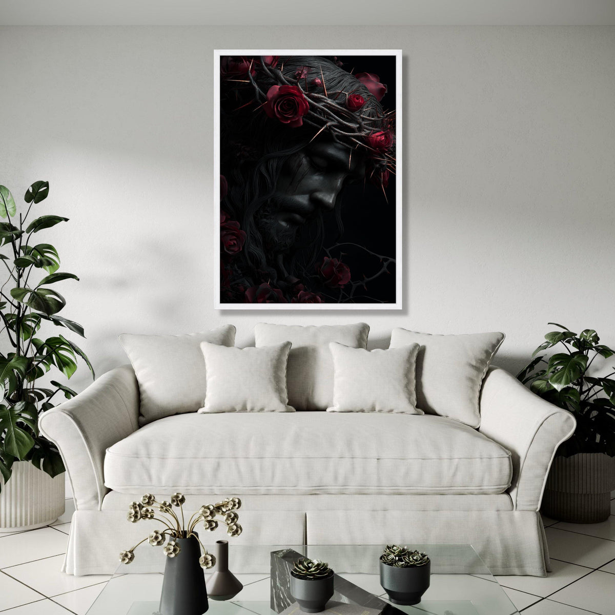 Dark Jesus Portrait Canvas, Crown of Thorns Wall Art, Religious Canvas Decor, Red Roses Home Decoration, Gift Art, Home Decor, Print