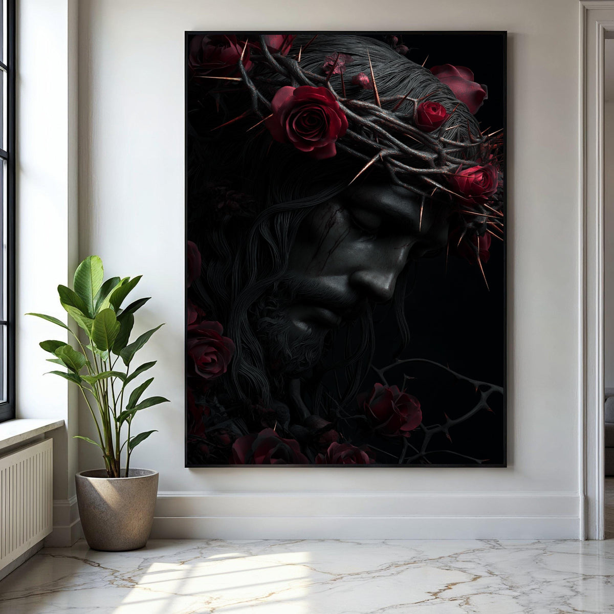 Dark Jesus Portrait Canvas, Crown of Thorns Wall Art, Religious Canvas Decor, Red Roses Home Decoration, Gift Art, Home Decor, Print