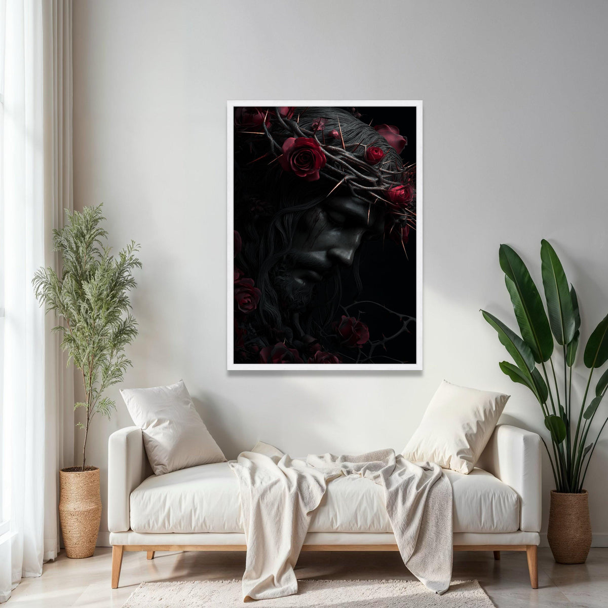 Dark Jesus Portrait Canvas, Crown of Thorns Wall Art, Religious Canvas Decor, Red Roses Home Decoration, Gift Art, Home Decor, Print