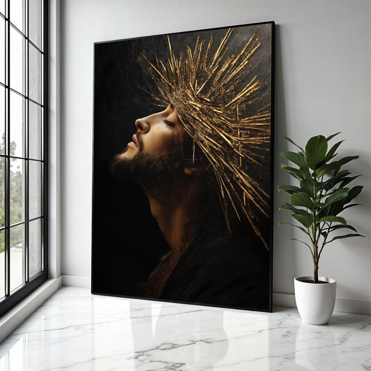 Regal Profile Portrait Canvas, Golden Crown Wall Art, Spiritual Man Artwork, Dramatic Light and Shadow, Modern Gift Art, Home Decor, Print