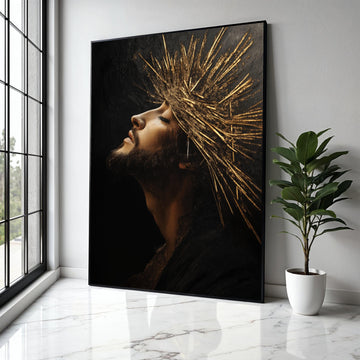 Regal Profile Portrait Canvas, Golden Crown Wall Art, Spiritual Man Artwork, Dramatic Light and Shadow, Modern Gift Art, Home Decor, Print