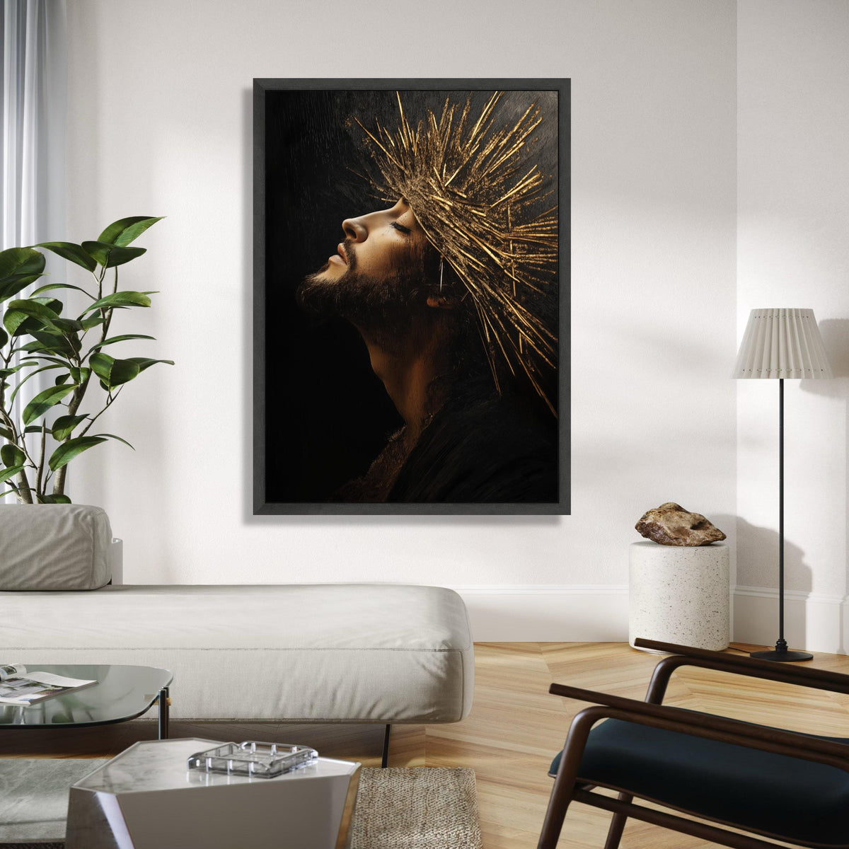 Regal Profile Portrait Canvas, Golden Crown Wall Art, Spiritual Man Artwork, Dramatic Light and Shadow, Modern Gift Art, Home Decor, Print