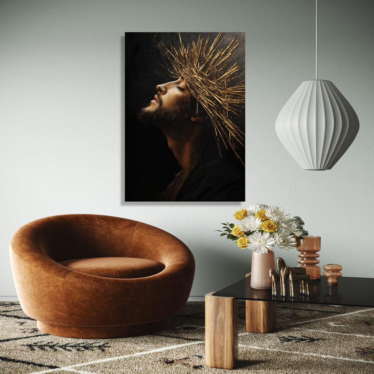 Regal Profile Portrait Canvas, Golden Crown Wall Art, Spiritual Man Artwork, Dramatic Light and Shadow, Modern Gift Art, Home Decor, Print