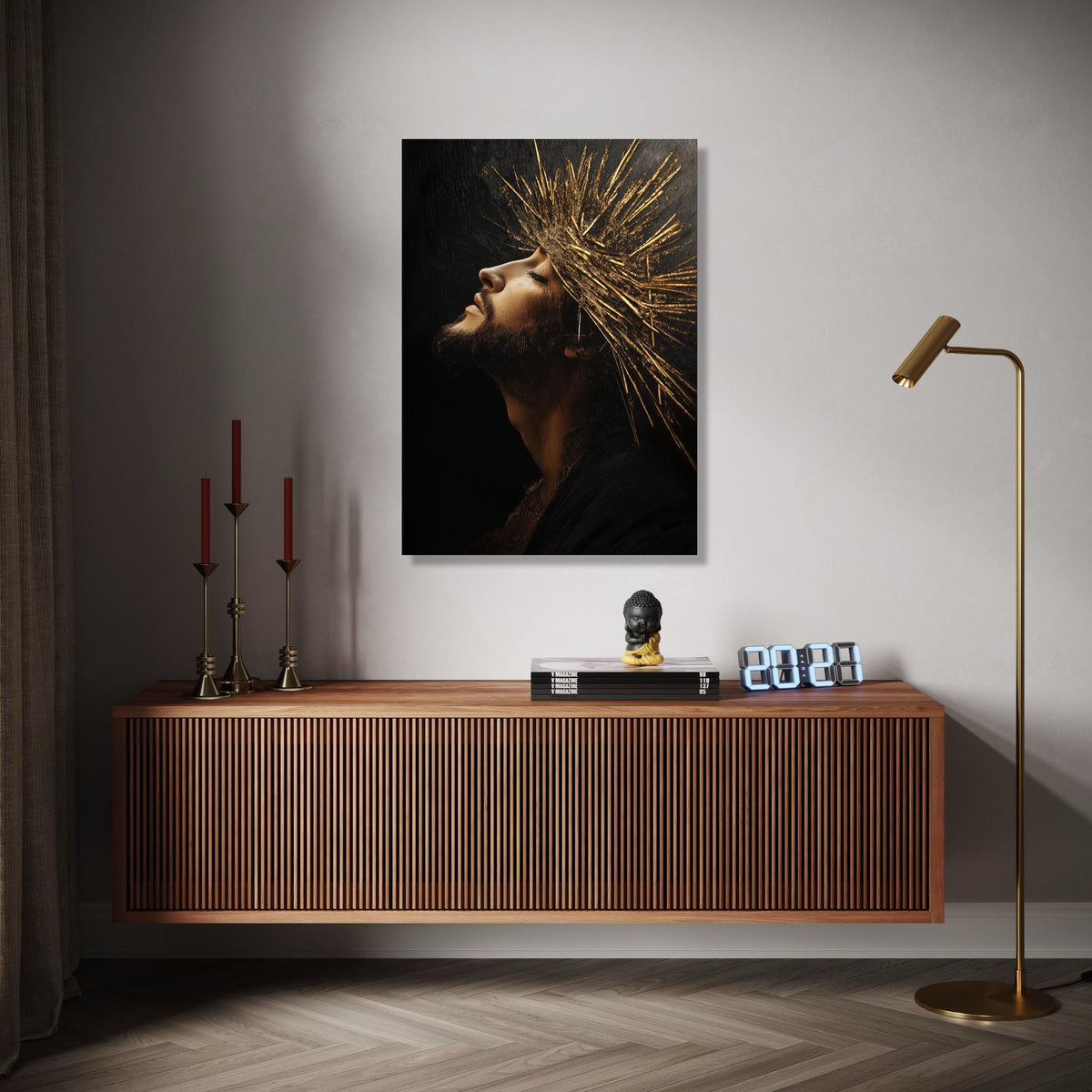 Regal Profile Portrait Canvas, Golden Crown Wall Art, Spiritual Man Artwork, Dramatic Light and Shadow, Modern Gift Art, Home Decor, Print