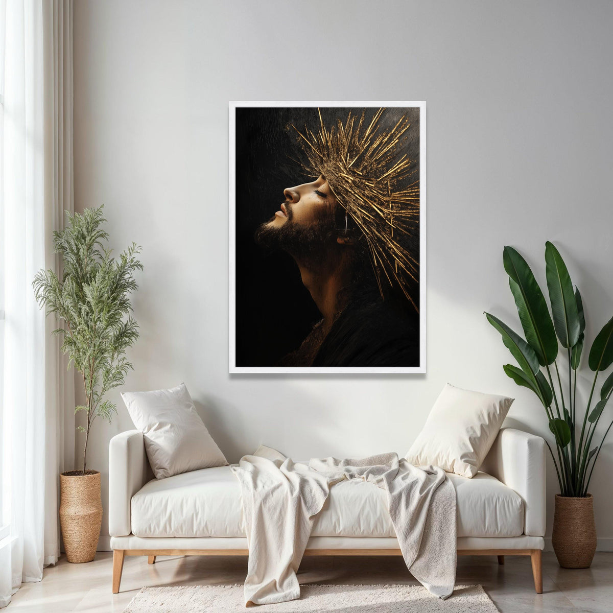 Regal Profile Portrait Canvas, Golden Crown Wall Art, Spiritual Man Artwork, Dramatic Light and Shadow, Modern Gift Art, Home Decor, Print