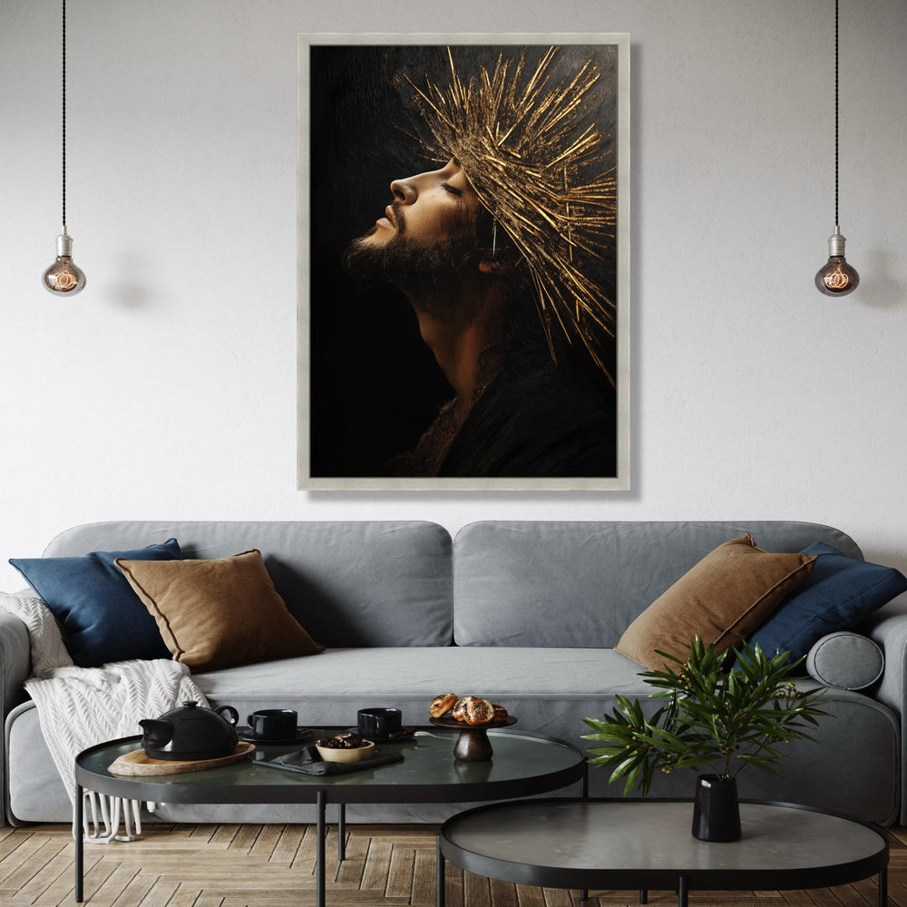 Regal Profile Portrait Canvas, Golden Crown Wall Art, Spiritual Man Artwork, Dramatic Light and Shadow, Modern Gift Art, Home Decor, Print