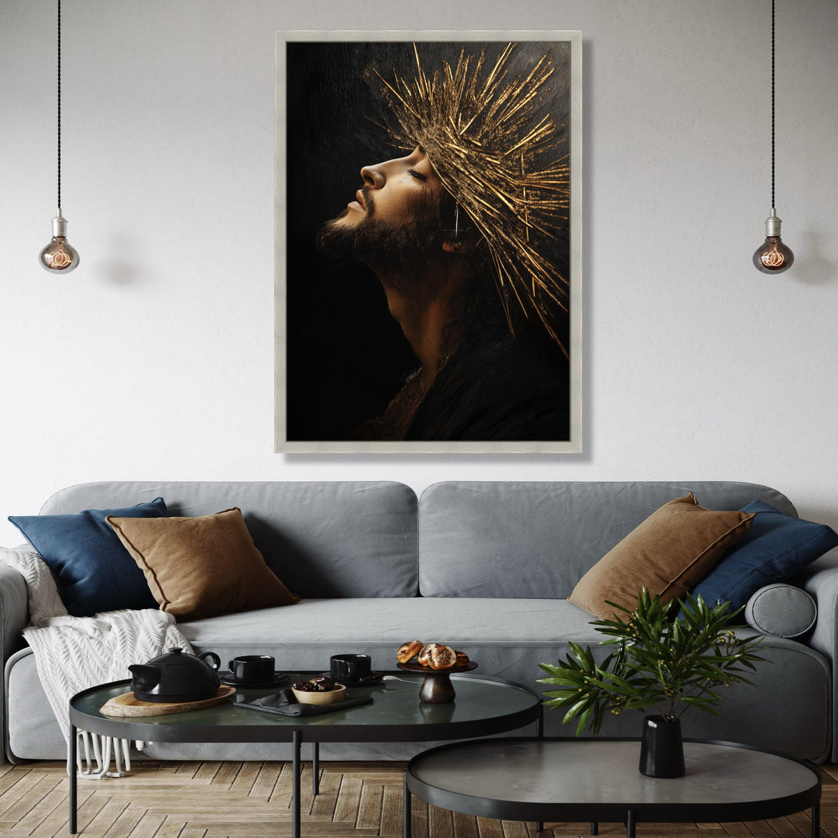Regal Profile Portrait Canvas, Golden Crown Wall Art, Spiritual Man Artwork, Dramatic Light and Shadow, Modern Gift Art, Home Decor, Print