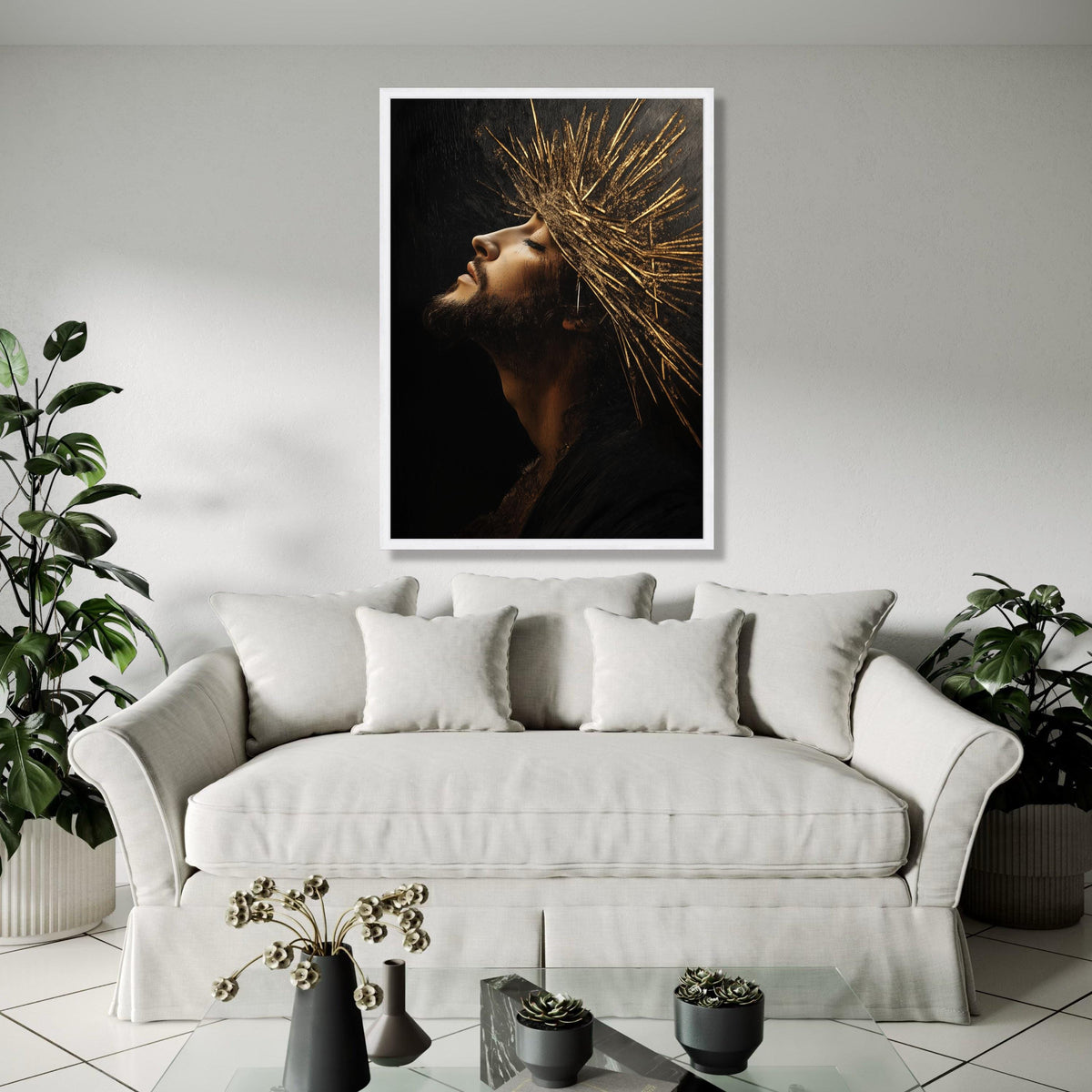 Regal Profile Portrait Canvas, Golden Crown Wall Art, Spiritual Man Artwork, Dramatic Light and Shadow, Modern Gift Art, Home Decor, Print