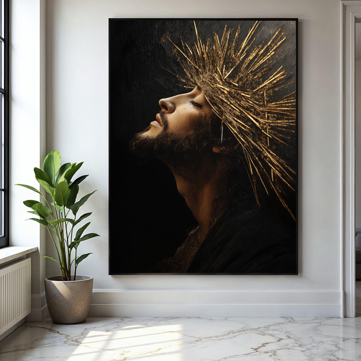 Regal Profile Portrait Canvas, Golden Crown Wall Art, Spiritual Man Artwork, Dramatic Light and Shadow, Modern Gift Art, Home Decor, Print