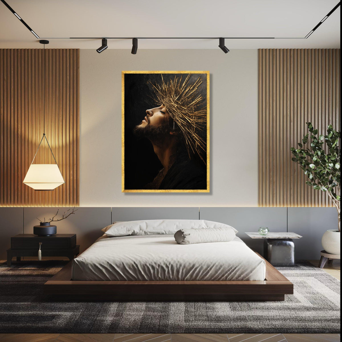 Regal Profile Portrait Canvas, Golden Crown Wall Art, Spiritual Man Artwork, Dramatic Light and Shadow, Modern Gift Art, Home Decor, Print