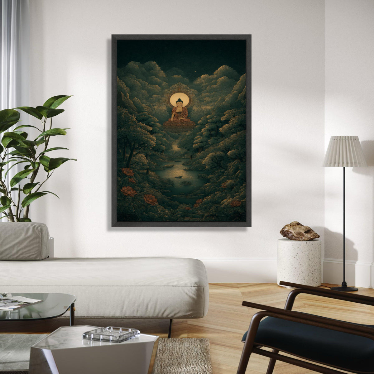 Serene Buddha Meditation Canvas, Spiritual Wall Art, Zen Forest Landscape, Tranquil River Scene, Peaceful Home Gift Art, Home Decor, Print
